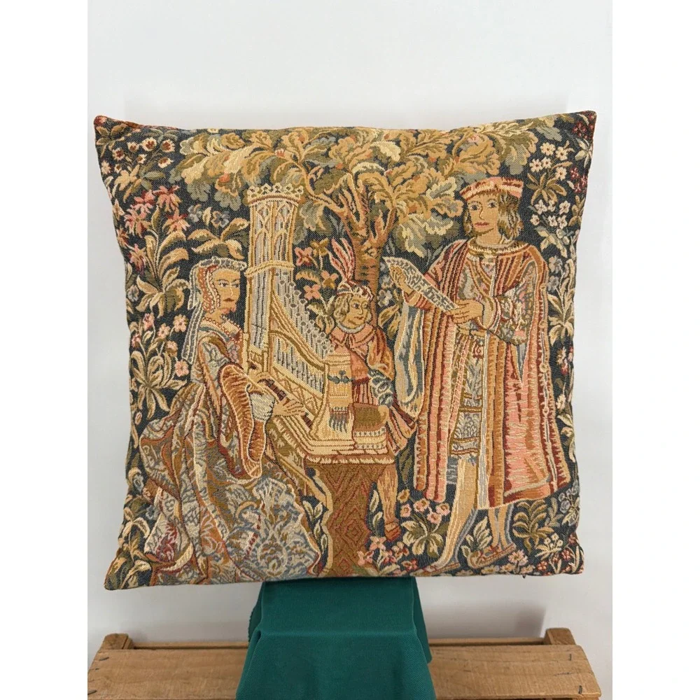 Vtg Medieval Tapestry Pillow Made in England Renaissance Velvet Back 16x16